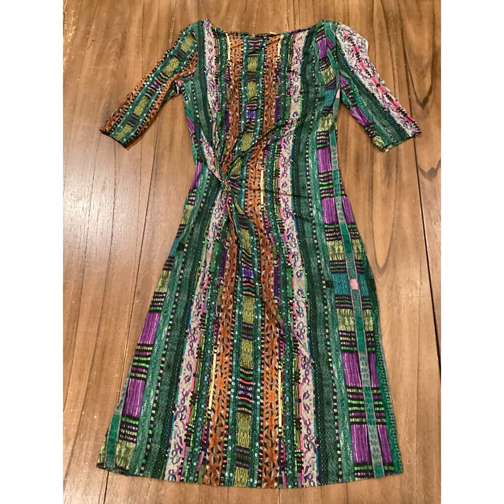 Etro 3/4 Sleeve multi color ruched geo knee length viscose cashmere dress 40